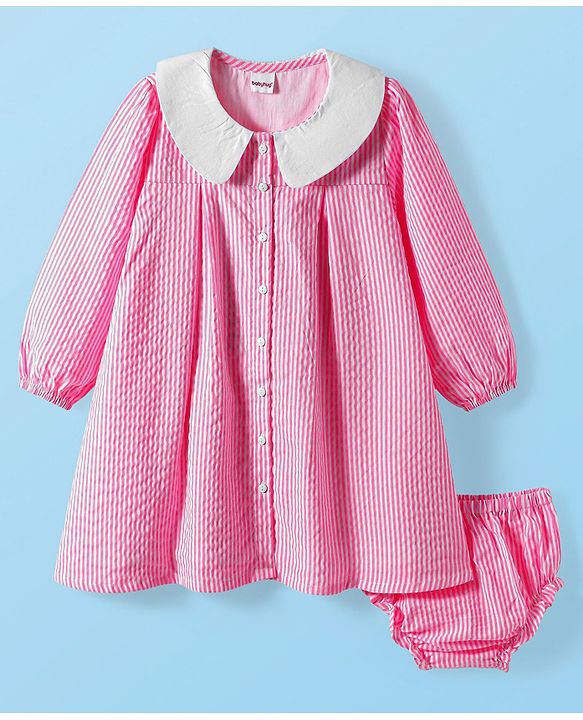 Babyhg Cotton Woven Full Sleeves Striped Frock With Peter Pan Collar & Bloomer - Pink