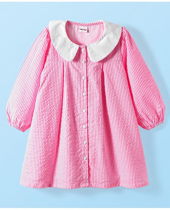 Babyhg Cotton Woven Full Sleeves Striped Frock With Peter Pan Collar & Bloomer - Pink