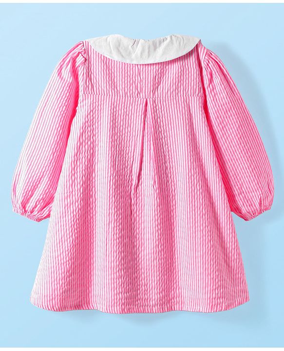 Babyhg Cotton Woven Full Sleeves Striped Frock With Peter Pan Collar & Bloomer - Pink