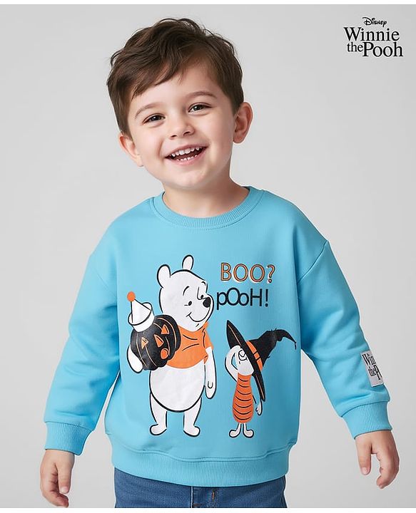 Babyhug Disney Knit Oversized Full Sleeves Sweatshirt with Winnie The Pooh Graphics - Light Blue