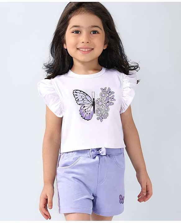Babyhug Single Jersey Knit Sleeveless Top & Shorts Set with Butterfly & Floral Print - White & Purple