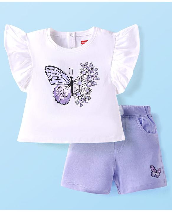 Babyhug Single Jersey Knit Sleeveless Top & Shorts Set with Butterfly & Floral Print - White & Purple