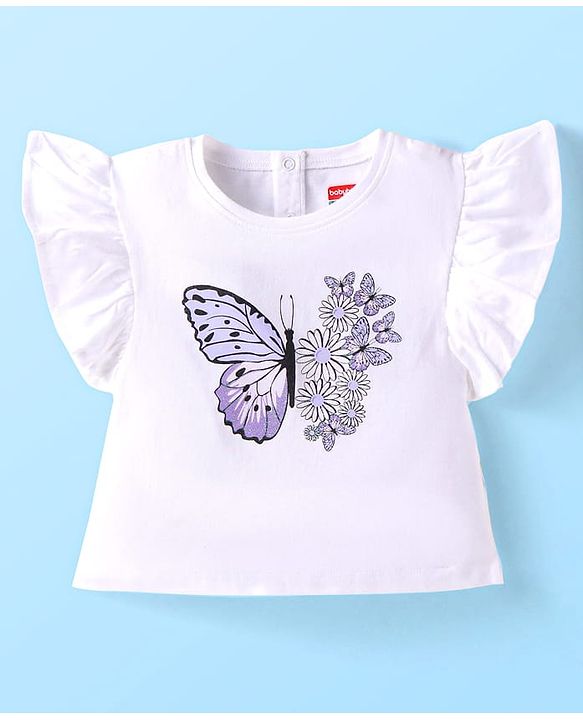 Babyhug Single Jersey Knit Sleeveless Top & Shorts Set with Butterfly & Floral Print - White & Purple