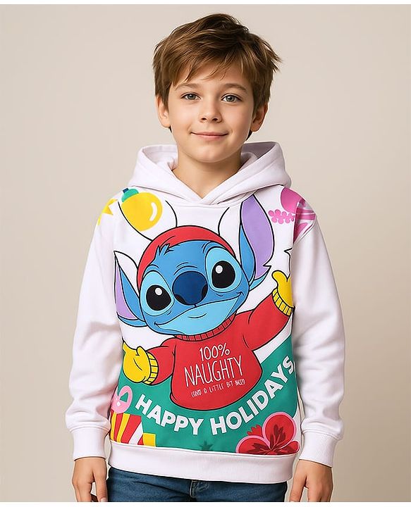 Pine Kids Disney Terry Knit Full Drop Shoulder Sleeves Hooded Oversized Sweatshirt with Front & Back Stitch Print - White