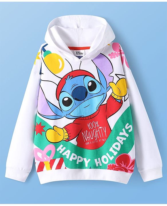 Pine Kids Disney Terry Knit Full Drop Shoulder Sleeves Hooded Oversized Sweatshirt with Front & Back Stitch Print - White