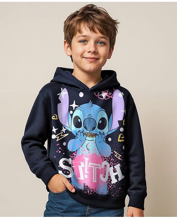 Pine Kids Disney Terry Knit Full Sleeves Oversized Hooded Sweatshirt with Front & Back Stitch Graphics  - Black