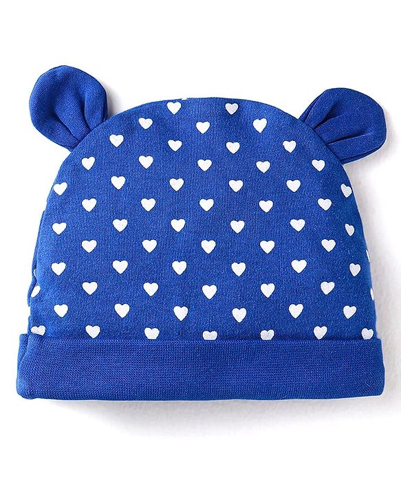 Babyhug Interlock Knit Caps Mittens & Booties With Heart Print & Ear Applique - Navy Blue
