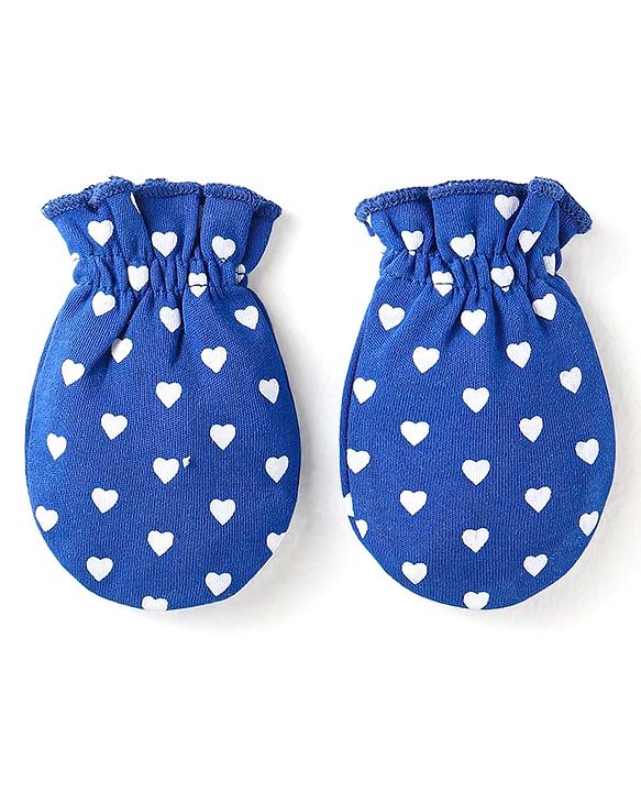 Babyhug Interlock Knit Caps Mittens & Booties With Heart Print & Ear Applique - Navy Blue