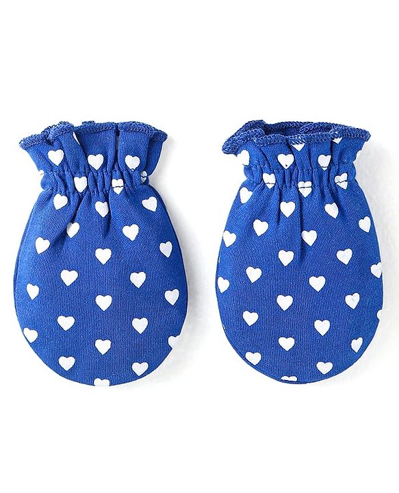 Babyhug Interlock Knit Caps Mittens & Booties With Heart Print & Ear Applique - Navy Blue