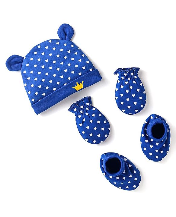 Babyhug Interlock Knit Caps Mittens & Booties With Heart Print & Ear Applique - Navy Blue