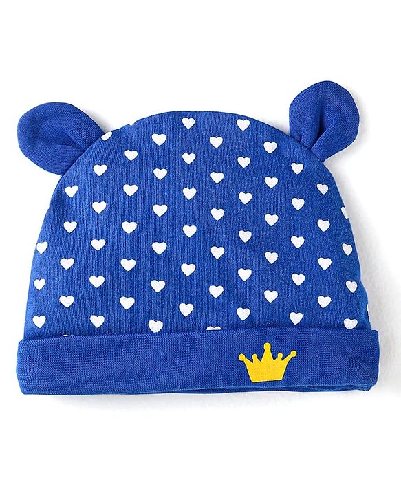 Babyhug Interlock Knit Caps Mittens & Booties With Heart Print & Ear Applique - Navy Blue