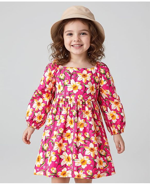 Babyhug Cotton Woven Half Sleeves Frock With Floral Print & Bow Applique - Dark Pink