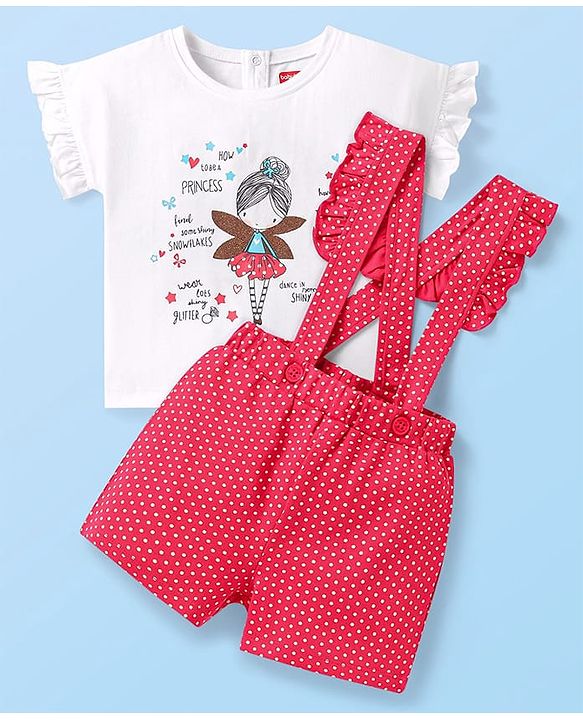Babyhug Single Jersey Knit Half Sleeves Top & Shorts Set With Polka Dot Print & Suspender - White & Pink