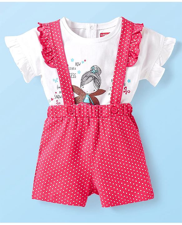 Babyhug Single Jersey Knit Half Sleeves Top & Shorts Set With Polka Dot Print & Suspender - White & Pink