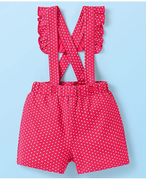Babyhug Single Jersey Knit Half Sleeves Top & Shorts Set With Polka Dot Print & Suspender - White & Pink