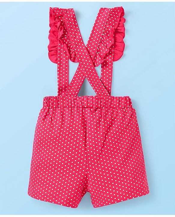 Babyhug Single Jersey Knit Half Sleeves Top & Shorts Set With Polka Dot Print & Suspender - White & Pink