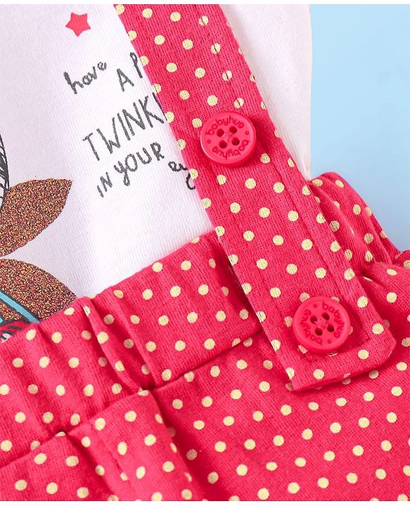 Babyhug Single Jersey Knit Half Sleeves Top & Shorts Set With Polka Dot Print & Suspender - White & Pink
