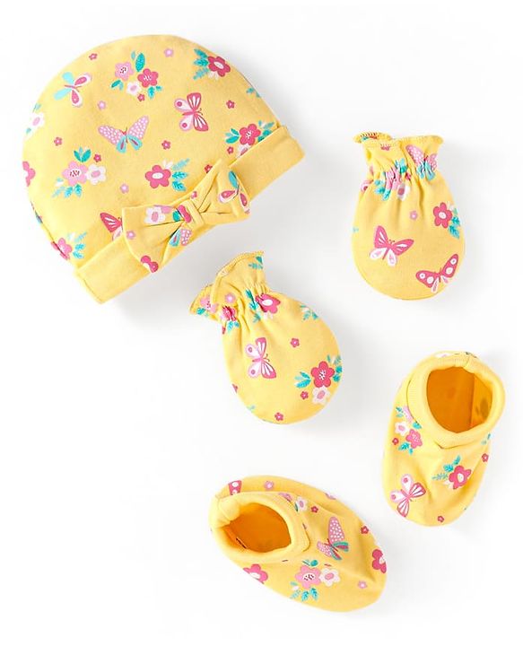 Babyhug 100% Cotton Knit Cap Mittens & Booties Set with Bow Applique & Floral Print Yellow - Diameter 9 cm