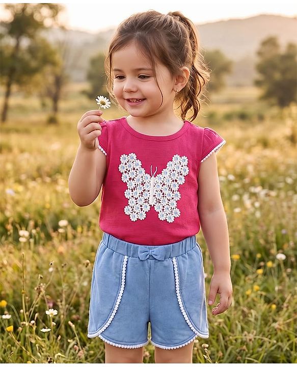Babyhug Slub Jersey Knit Sleeveless  Cap Sleeves Top & Denim Shorts with Butterfly Embroidery - Dark Pink & Blue