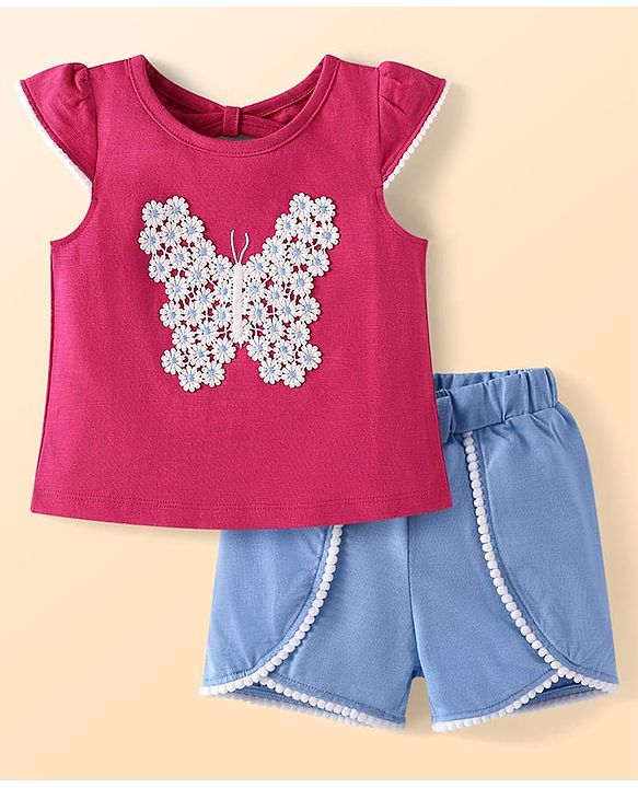Babyhug Slub Jersey Knit Sleeveless  Cap Sleeves Top & Denim Shorts with Butterfly Embroidery - Dark Pink & Blue