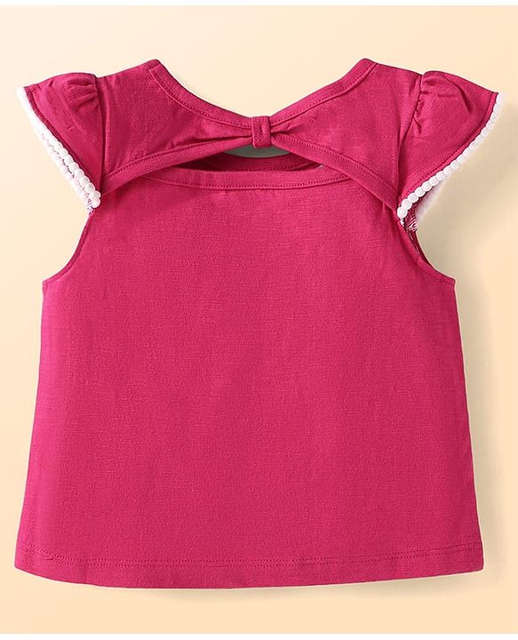 Babyhug Slub Jersey Knit Sleeveless  Cap Sleeves Top & Denim Shorts with Butterfly Embroidery - Dark Pink & Blue