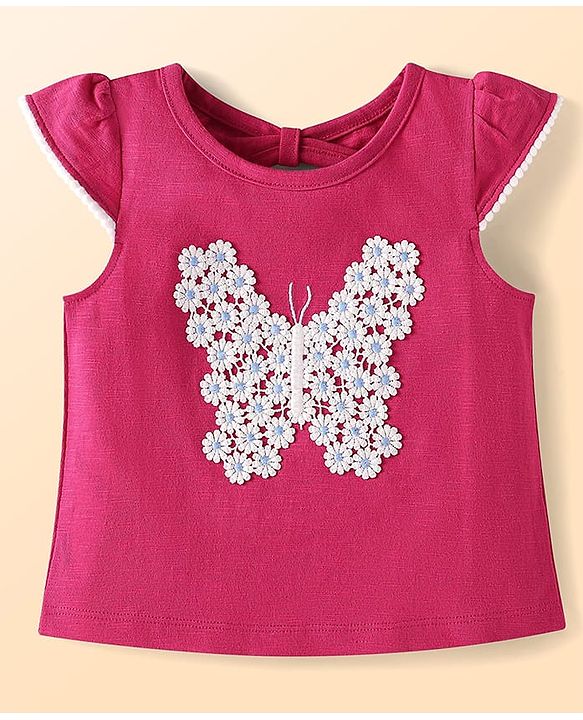 Babyhug Slub Jersey Knit Sleeveless  Cap Sleeves Top & Denim Shorts with Butterfly Embroidery - Dark Pink & Blue