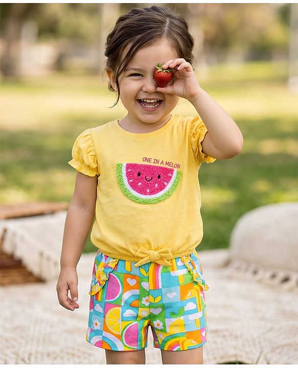 Babyhug Single Jersey Knit Half Puffed Sleeves Top & Shorts with Embroidered Watermelon - Yellow