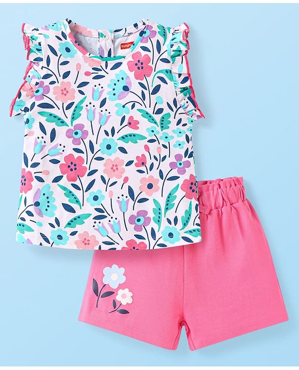 Babyhug Single Jersey Knit Sleeveless Top & Shorts Set With Floral Print - White & Pink