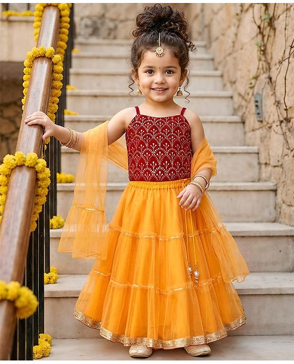 Babyhug Woven Singlet Sleeves Choli Lehenga Set With Glitter Print Sequinned Detailing & Dupatta - Dark Red & Yellow