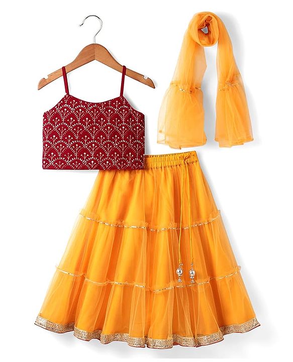 Babyhug Woven Singlet Sleeves Choli Lehenga Set With Glitter Print Sequinned Detailing & Dupatta - Dark Red & Yellow