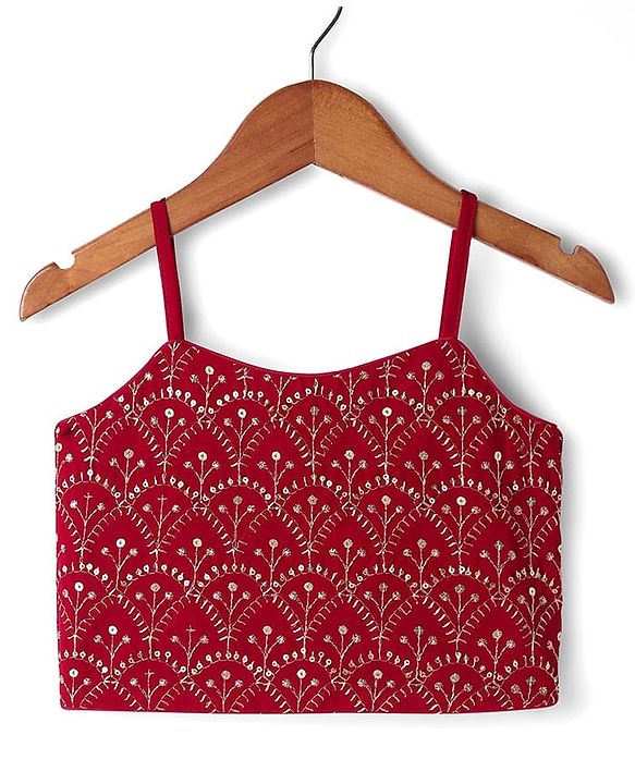 Babyhug Woven Singlet Sleeves Choli Lehenga Set With Glitter Print Sequinned Detailing & Dupatta - Dark Red & Yellow