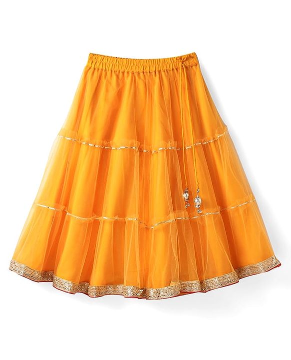 Babyhug Woven Singlet Sleeves Choli Lehenga Set With Glitter Print Sequinned Detailing & Dupatta - Dark Red & Yellow