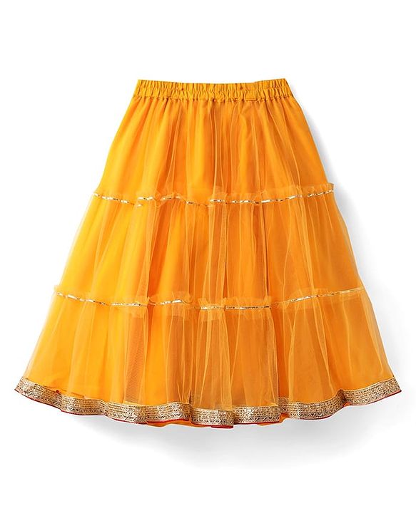 Babyhug Woven Singlet Sleeves Choli Lehenga Set With Glitter Print Sequinned Detailing & Dupatta - Dark Red & Yellow
