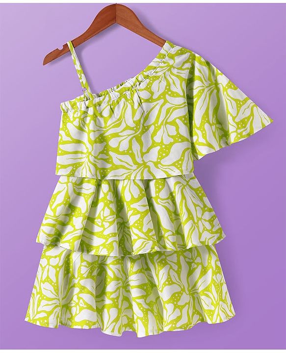 Pine Kids Cotton Woven Cold Shoulder Sleeves Floral Printed Layered Frock - Light Green