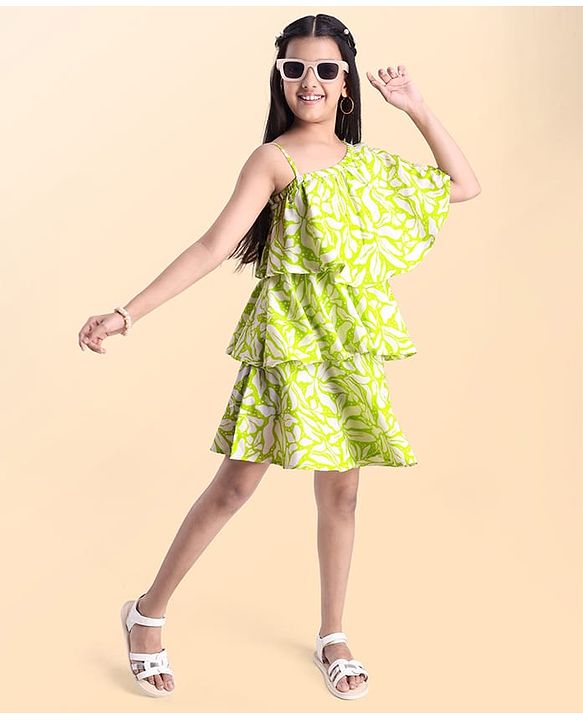 Pine Kids Cotton Woven Cold Shoulder Sleeves Floral Printed Layered Frock - Light Green