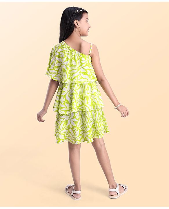 Pine Kids Cotton Woven Cold Shoulder Sleeves Floral Printed Layered Frock - Light Green