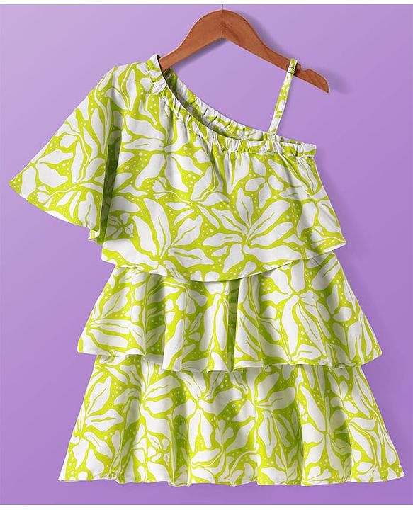 Pine Kids Cotton Woven Cold Shoulder Sleeves Floral Printed Layered Frock - Light Green
