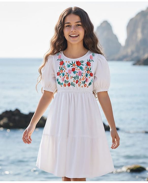 Pine Kids Cotton Woven Half Puffed Sleeves Tiered Frock with Floral Embroidery - White