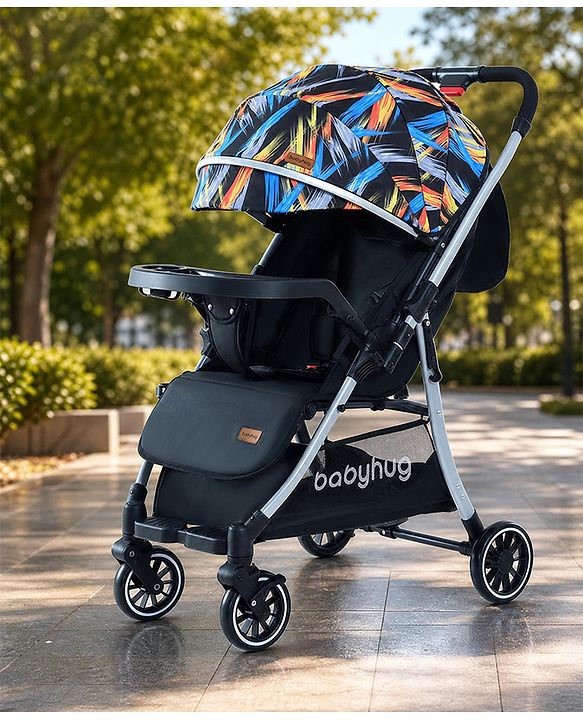 Babyhug Travel Compact Baby Stroller with Food Tray Reversible Handle Adjustable Backrest & Canopy - Multicolour