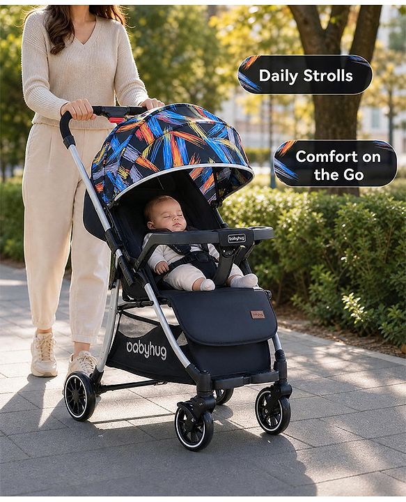 Babyhug Travel Compact Baby Stroller with Food Tray Reversible Handle Adjustable Backrest & Canopy - Multicolour