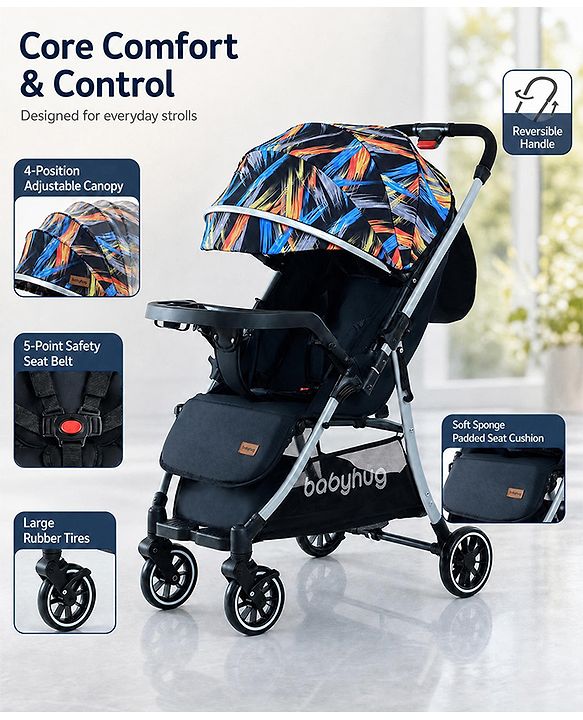 Babyhug Travel Compact Baby Stroller with Food Tray Reversible Handle Adjustable Backrest & Canopy - Multicolour