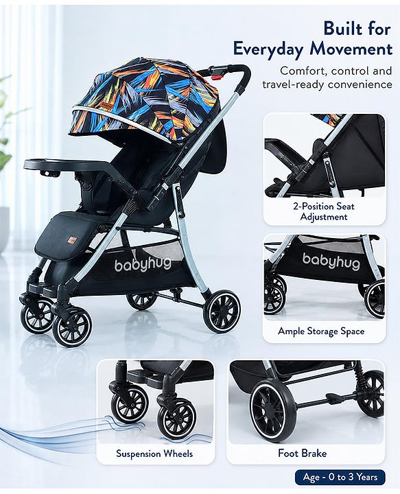 Babyhug Travel Compact Baby Stroller with Food Tray Reversible Handle Adjustable Backrest & Canopy - Multicolour