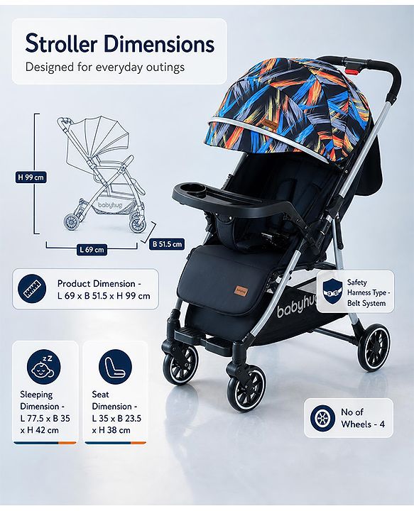 Babyhug Travel Compact Baby Stroller with Food Tray Reversible Handle Adjustable Backrest & Canopy - Multicolour