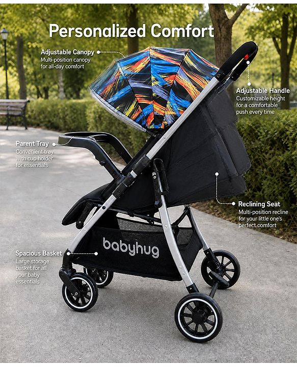 Babyhug Travel Compact Baby Stroller with Food Tray Reversible Handle Adjustable Backrest & Canopy - Multicolour