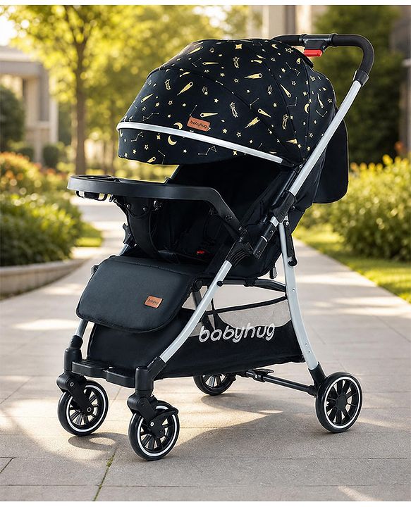 Babyhug Travel Compact Baby Stroller with Food Tray Reversible Handle Adjustable Backrest & Canopy - Multicolour