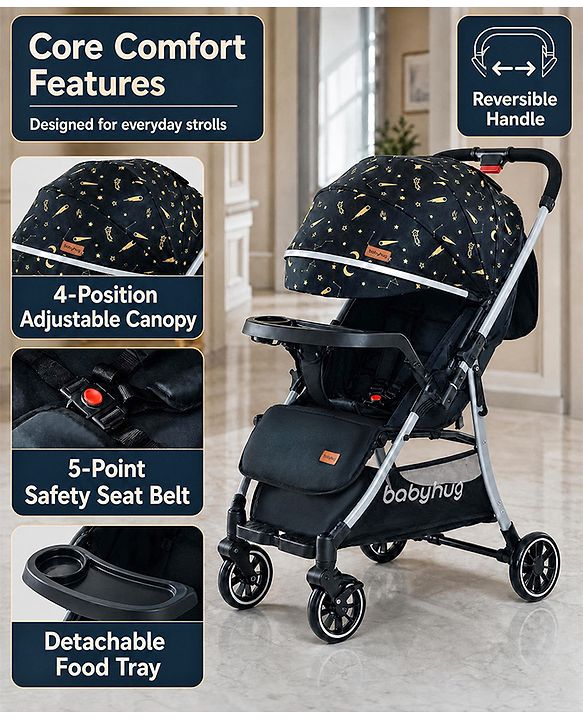 Babyhug Travel Compact Baby Stroller with Food Tray Reversible Handle Adjustable Backrest & Canopy - Multicolour