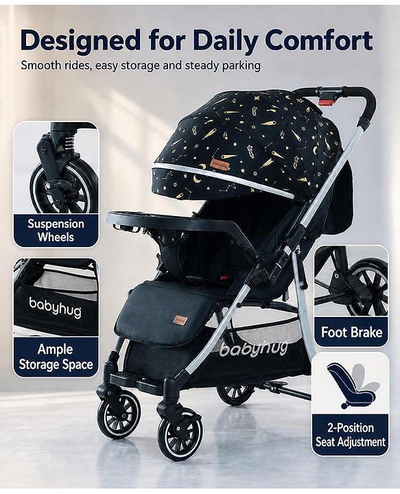 Babyhug Travel Compact Baby Stroller with Food Tray Reversible Handle Adjustable Backrest & Canopy - Multicolour
