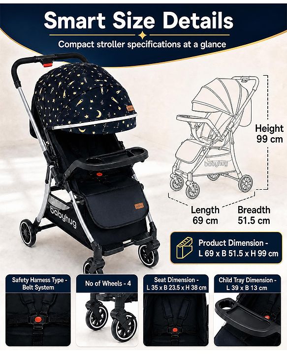 Babyhug Travel Compact Baby Stroller with Food Tray Reversible Handle Adjustable Backrest & Canopy - Multicolour