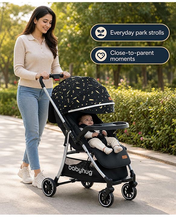 Babyhug Travel Compact Baby Stroller with Food Tray Reversible Handle Adjustable Backrest & Canopy - Multicolour