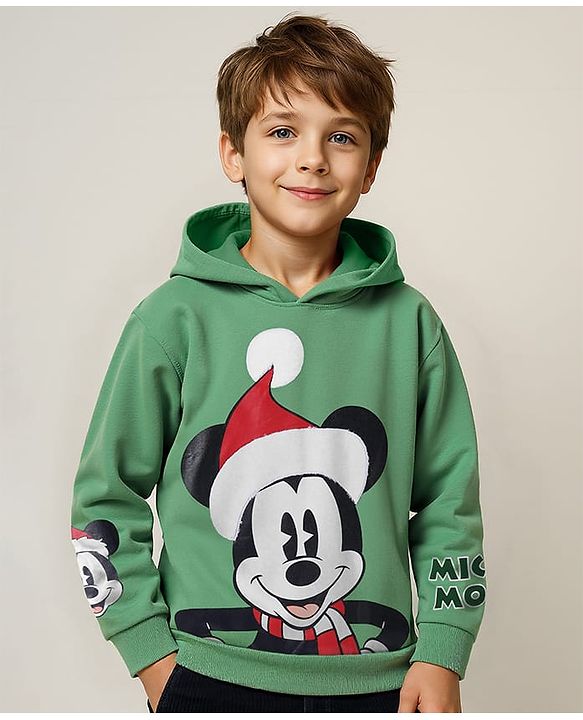 Pine Kids Disney Knit Full Sleeves Drop Shoulder Oversized Hooded Sweatshirt with Mickey Mouse Graphics - Mint Green